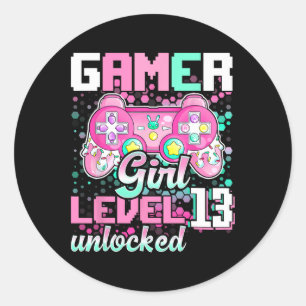 Adesivo Redondo Gamer Girl Level 13 Unlocked Video Game 13 Birth