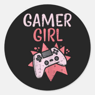 Adesivo Redondo Gamer Girl Pink Game Controller Gaming em vídeo