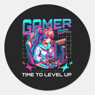 Adesivo Redondo Gamer Girl Time To Level Up Video Game Girl