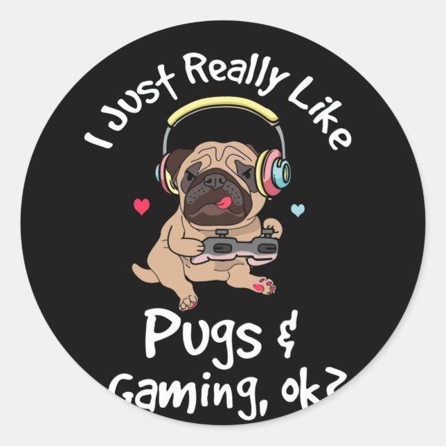 Adesivo Redondo Gamer Pug Lover Videos games Cachorros Pug Jogos (Frente)