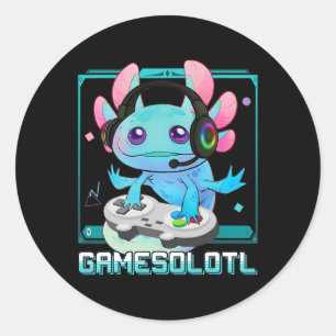 Adesivo Redondo Gamesolotl Axolotl Jogador de Vídeo Game Kawaii Pa