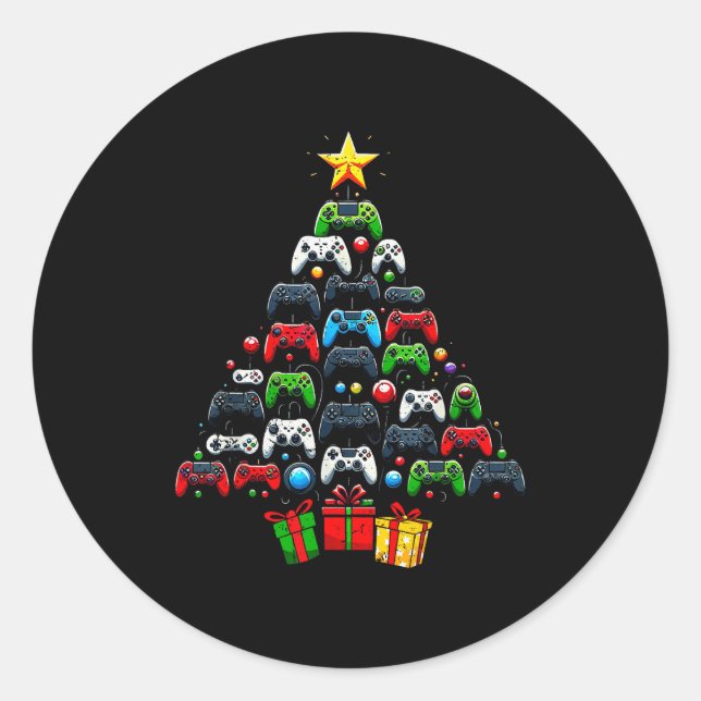 Adesivo Redondo Gaming Controllers Christmas Tree Funny Gamer Boys (Frente)