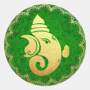 Adesivo Redondo Ganapati Dourado Clássico Deus Hindu Indiano Verde