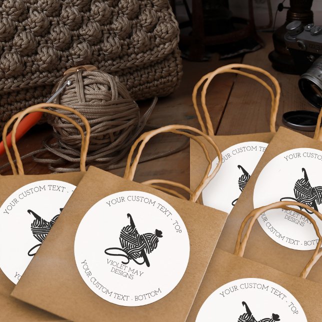 Adesivo Redondo Gancho de crochê e Fios múltiplos (Crochet themed stickers for your gifts or product packaging)