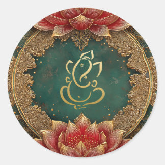 Adesivo Redondo Ganesh Hindu God Wedding | Dourado Lotus Green ind