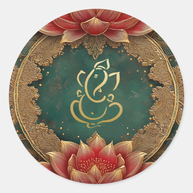 Adesivo Redondo Ganesh Hindu God Wedding | Dourado Lotus Green ind (Frente)