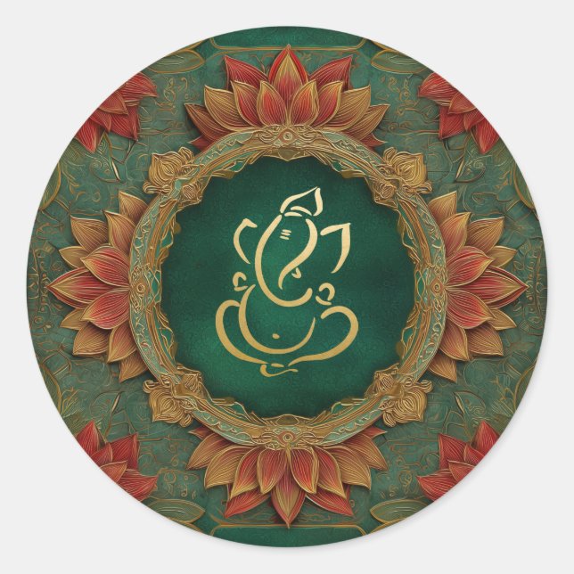 Adesivo Redondo Ganesh Wedding | Casamento Indiano Lotus Green (Frente)
