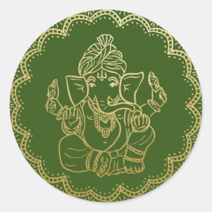 Adesivo Redondo Ganesha Dourado   Deus Indiano Casamento Verde