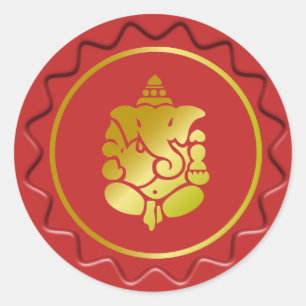 Adesivo Redondo Ganesha dourado no selo vermelho da cera