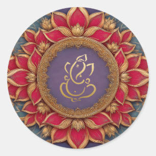 Adesivo Redondo Ganesha Festivo Dourado   Deus Indiano Roxo Rosa L
