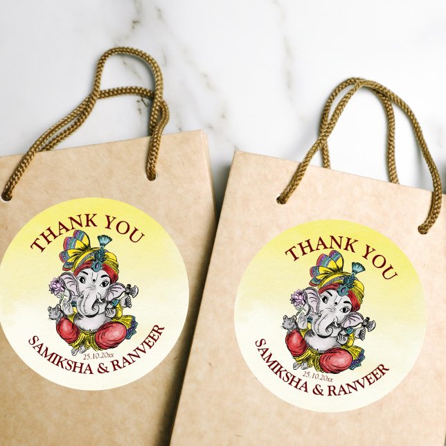 Adesivo Redondo Ganesha Indian obrigado-te (Ganesha favor gift thank you stickers yellow background maroon font)