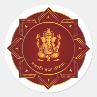 Adesivo Redondo Ganpati Bappa Morya Ganesha Dourado 8 Diya Mandala
