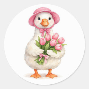 Adesivo Redondo Ganso Branco Segurando Buquê de Tulipas Rosa