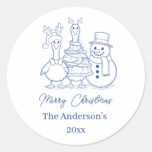 Adesivo Redondo Ganso de Natal Família Doodle azul moderno