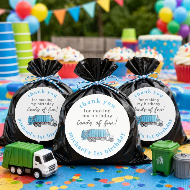 Adesivo Redondo Garbage Trash Truck Boy 1st Birthday Thank You (Criador carregado)