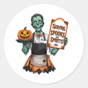 Adesivo Redondo Garçom do Halloween servindo espiões e espíritos