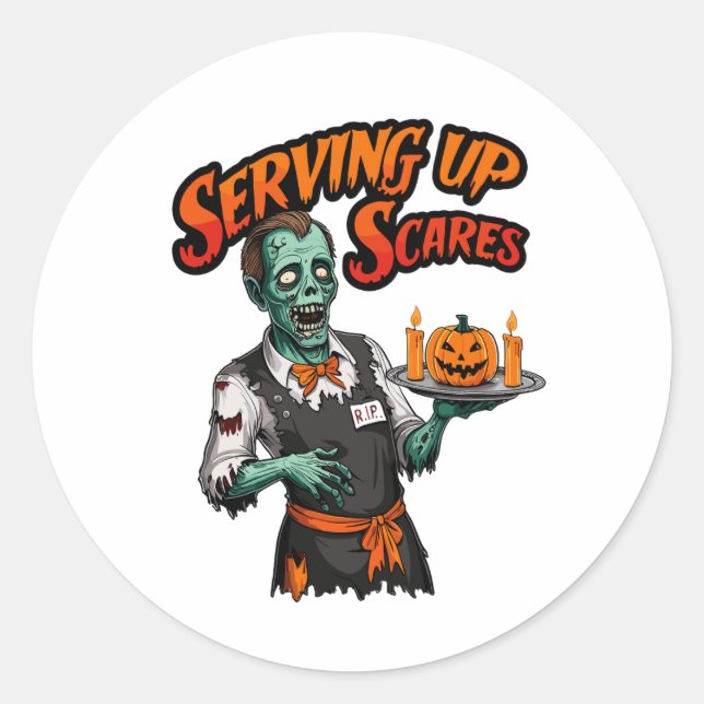 Adesivo Redondo Garçom Halloween Servindo Assustos (Frente)