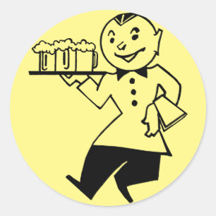 Adesivo Redondo Garçom Servindo Cerveja Retro Cartoon Homem Arte