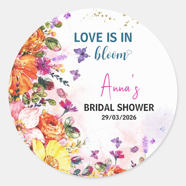 Adesivo Redondo Garden love is in bloom wildflower bridal shower (Frente)