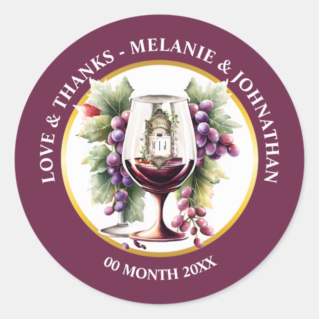 Adesivo Redondo Gargalos de vinho aquarela uvas adega borgonha (Frente)