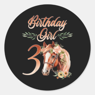 Adesivo Redondo Garota aniversário de 3 anos Horseback Andando Por
