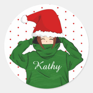 Adesivo Redondo Garota bonita com capuz verde e Natal
