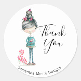 Adesivo Redondo Garota Bonita De Boho Com Negócios De Pássaro "Obr