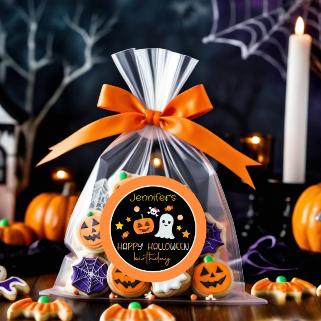 Adesivo Redondo Garota Bonita Pumpkin Ghost Feliz Aniversário do D (Criador carregado)