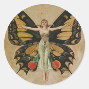 Adesivo Redondo Garota Borboleta de Leyendecker Arte Deco Vintage