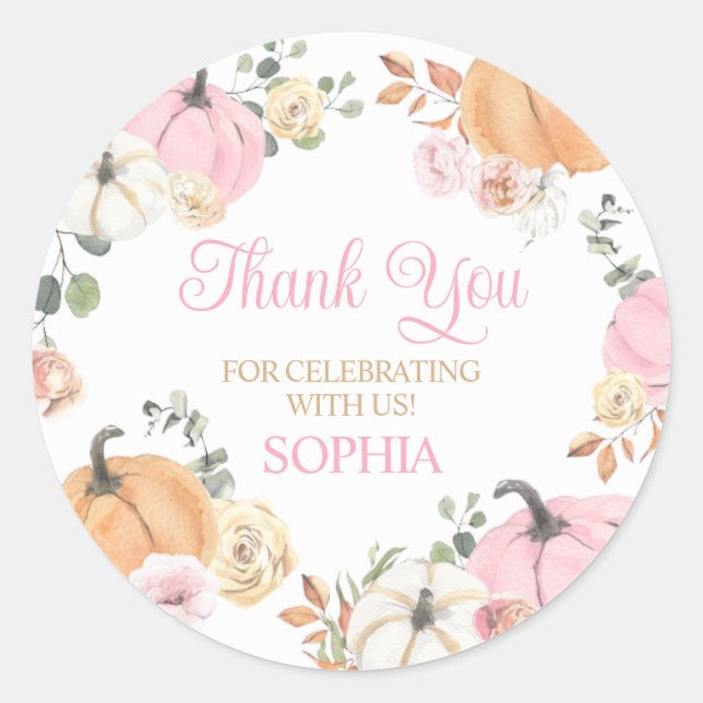 Adesivo Redondo Garota Cai Abóbora Primeira Festa de aniversário (Frente)