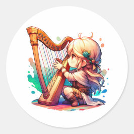 Adesivo Redondo Garota Chibi Bonita Jogando Harp