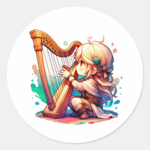 Adesivo Redondo Garota Chibi Bonita Jogando Harp