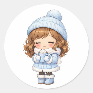 Adesivo Redondo Garota Chibi Fofa com Roupa de Inverno Azul