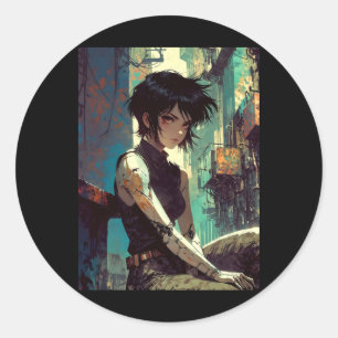 Adesivo Redondo Garota Ciberpunk Anime Retrô Guerreira Futuro Dist