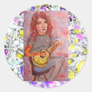 Adesivo Redondo garota com cabelo vermelho e gotejamento ukulele