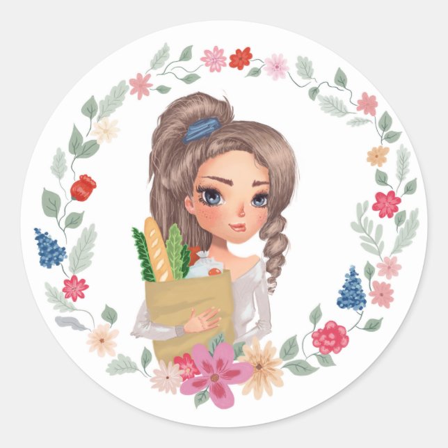 Adesivo Redondo Garota com compras (Frente)