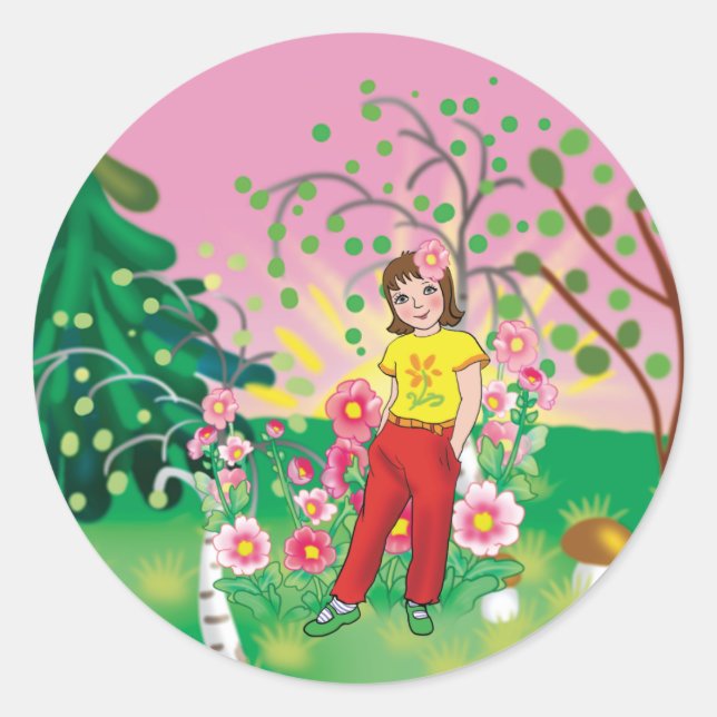 Adesivo Redondo garota com flores contra fundo paisagístico (Frente)