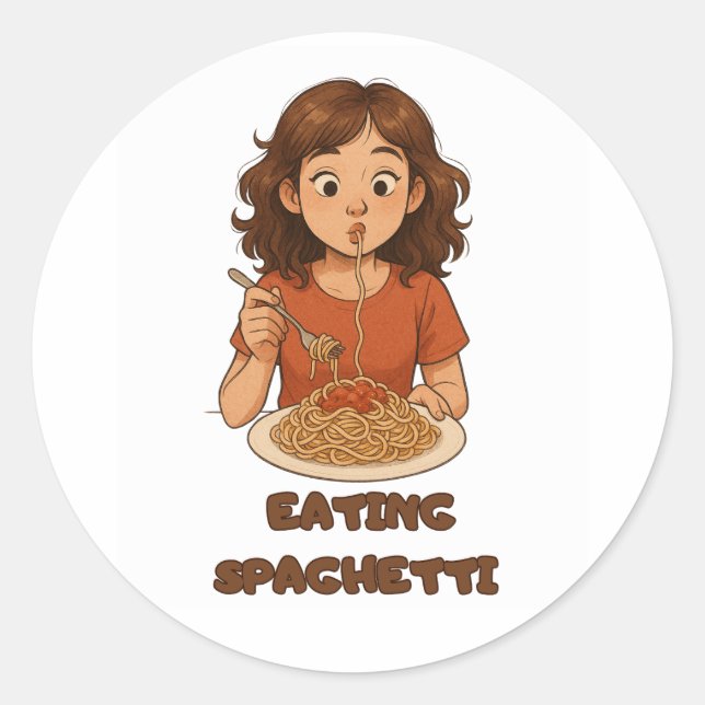 Adesivo Redondo garota comendo espaguete (Frente)