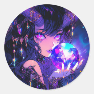 Adesivo Redondo Garota de animação de demônio de cristal roxo