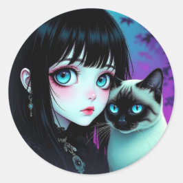 Adesivo Redondo Garota de Anime e Gato Siames