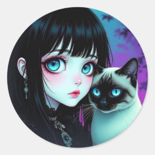 Adesivo Redondo Garota de Anime e Gato Siames 