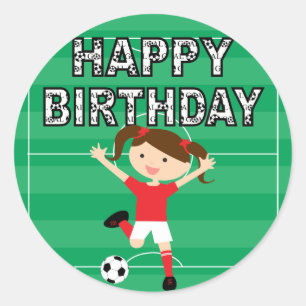 Adesivo Redondo Garota de aniversário de futebol 1 vermelha e bra