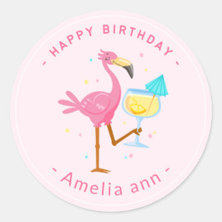 ADESIVO REDONDO GAROTA DE ANIVERSÁRIO FLAMINGO DE PINCO FELIZ