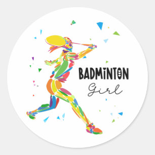 Adesivo Redondo Garota de Badminton Gráfica Abstrata Vibrante de J