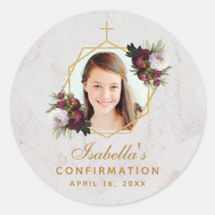 Adesivo Redondo Garota de Confirmação Foto Dourado Burgundy Peonia