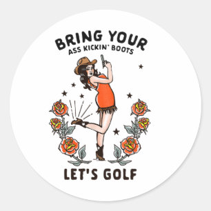 Adesivo Redondo Garota de Golfe das Mulheres Engraçada Camisetas d