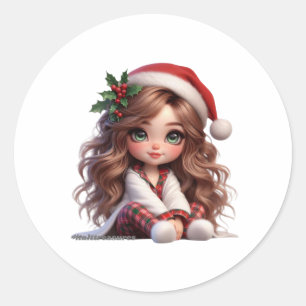 Adesivo Redondo Garota de Natal bonita com arte de Papai Noel