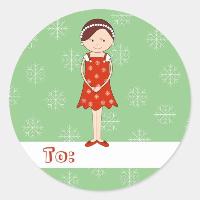 Adesivo Redondo Garota de Natal ilustre, flocos de neve verdes (Frente)
