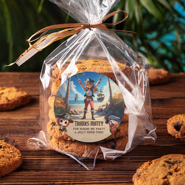 Adesivo Redondo Garota de Pirata da Ilha Tropical Obrigado Sticker (Criador carregado)