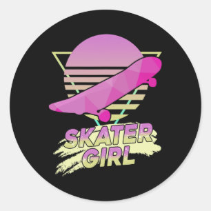 Adesivo Redondo Garota de Skate Skatista Divertida Skate 80 Retro